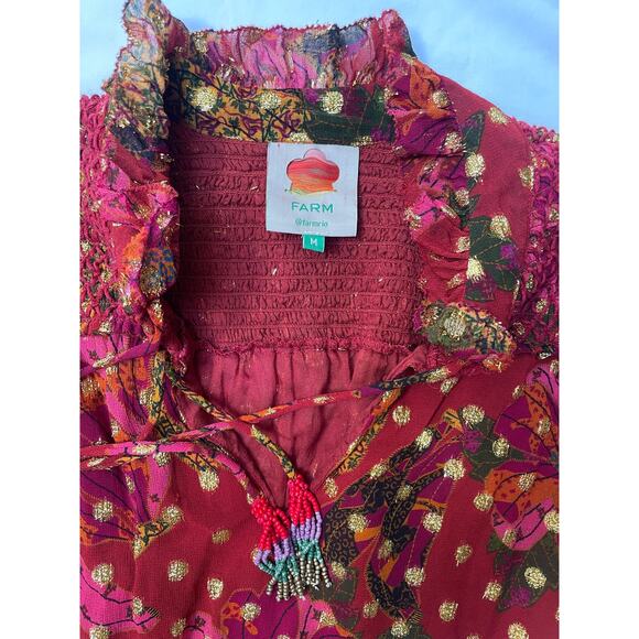 FARM RIO Red Banana Flowers Smocked Mini Dress Red Gold Metallic Dots, Medium - Picture 3 of 4